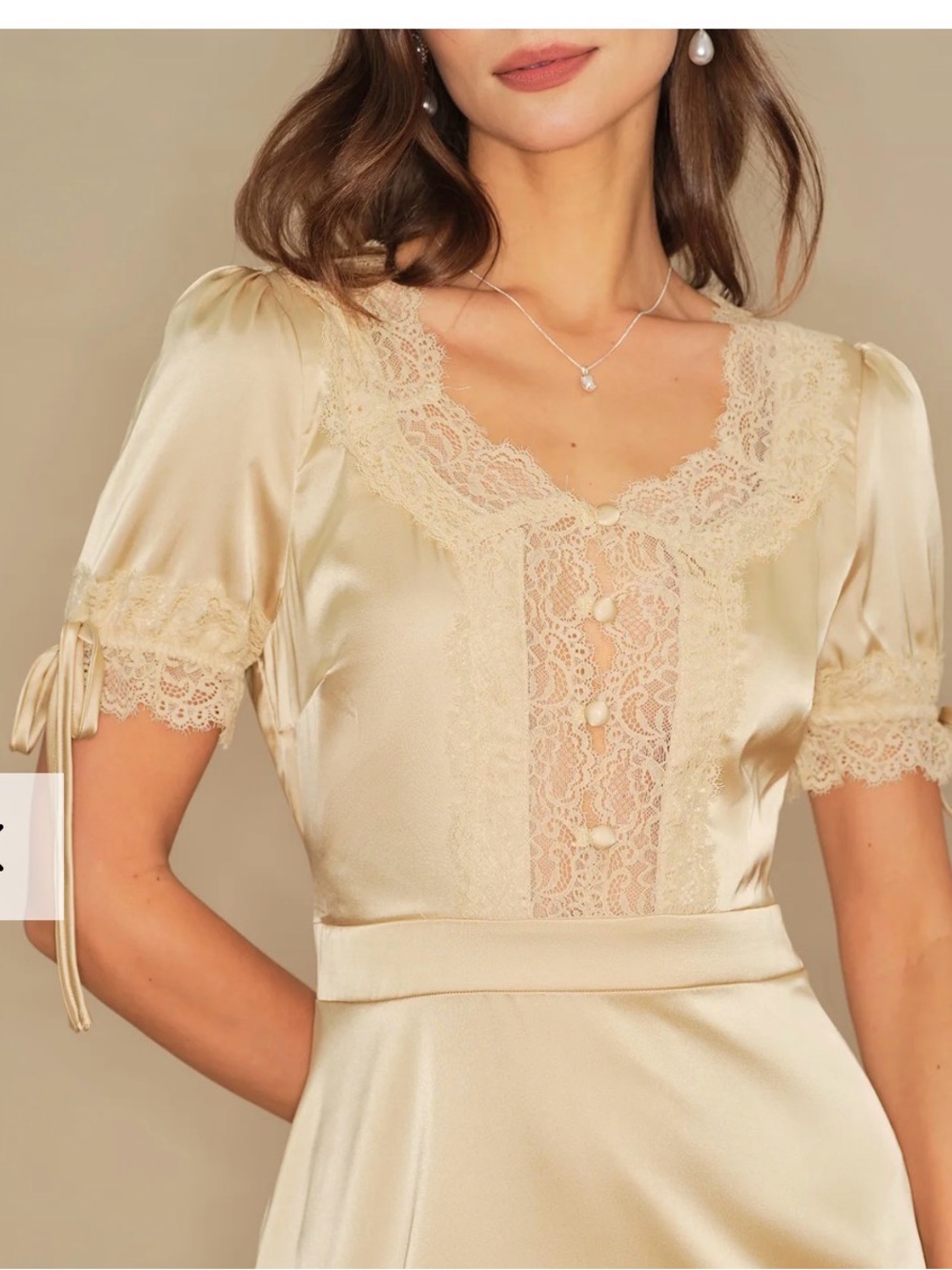 Rihoas Apricot Satin Lace Mini Dress Medium NWT V Neck Cottagecore Romantic - Picture 2 of 12